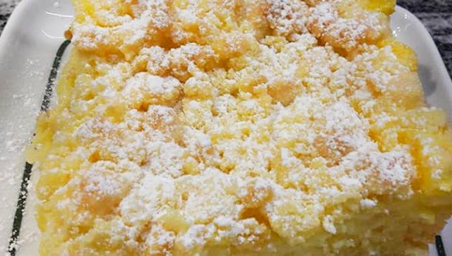 Versunkener Streuselkuchen mit Vanillepudding, schnell zubereitet 
