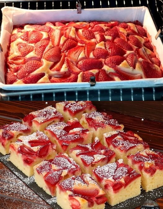 Erdbeer Blechkuchen den ich jede Woche backe in 3 Minuten im Ofen