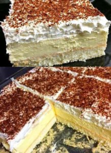 Read more about the article Vanillecreme Kuchen mit nur 2 Packung Puddingpulver, ohne Backen