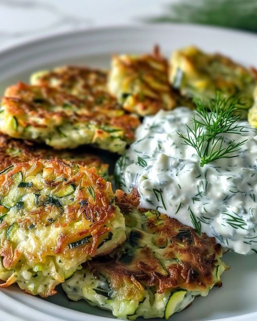 Zucchinipuffer mit Feta Knoblauch und Tzatziki in 15 Minuten