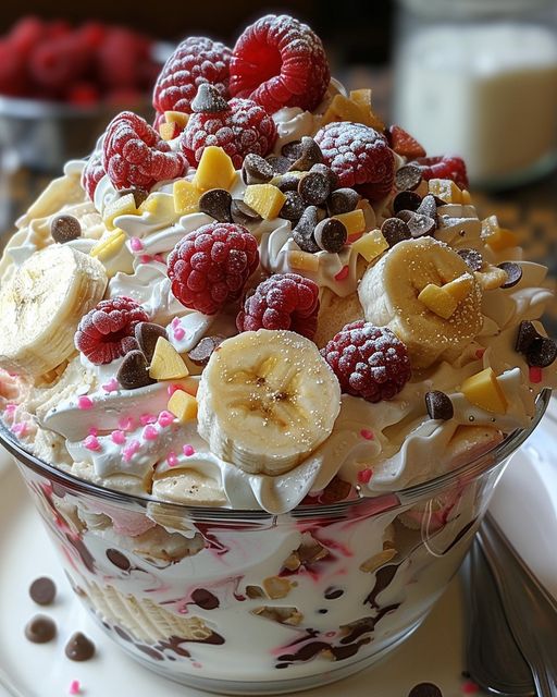 Banana Split mit 200g Quark und 150 g Himbeeren