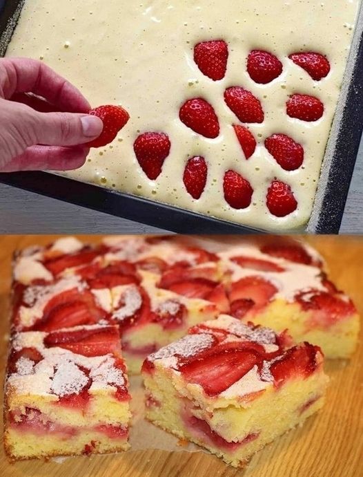  5 Minuten Erdbeer Biskuitkuchen vom Blech ein Tassenrezept