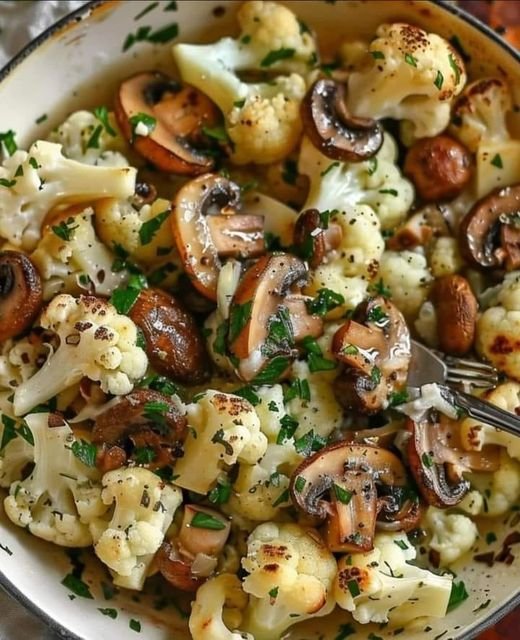 Blumenkohl Champignons Pfanne mit Knoblauch in 15 Minuten