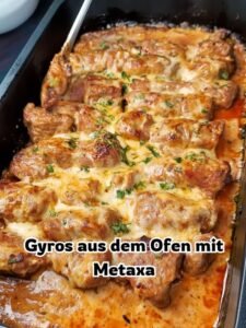 Read more about the article Gyros aus dem Ofen in Metaxasauce, superschnell fertig!