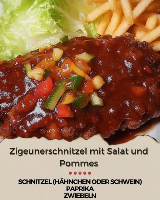 Paprika/Zigeunerschnitzel mit Salat und Pommes