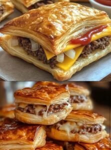 Read more about the article Cheeseburger Blätterteigtaschen mit 250 g Hackfleisch