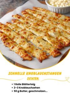 Read more about the article Schnelle Knoblauchstangen mit 1 Rolle Blätterteig
