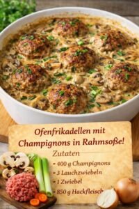 Read more about the article Ofenfrikadellen in Champignon Rahmsoße in 20 Minuten!
