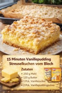 Read more about the article Blitz 15 Minuten Vanillepudding Streuselkuchen vom Blech