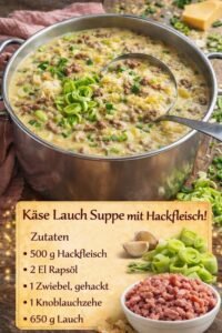 Read more about the article Käse Lauch Suppe mit Hackfleisch