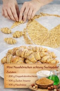 Read more about the article Ich verrühre 100 g Haselnüsse mit Doppelrahmfrischkäse, Mini Nusshörnchen