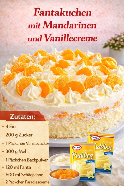 Fantakuchen mit Mandarinen und Vanillecreme