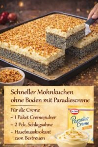 Read more about the article Schneller Mohnkuchen ohne Boden mit Paradiescreme