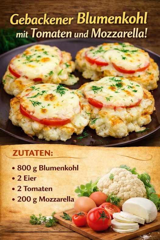 Backen Sie Blumenkohl Tomaten und Mozzarella