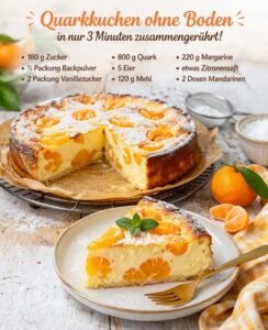 Read more about the article Der Ultimative Mandarinen Quarkkuchen ohne Boden in 10 Minuten