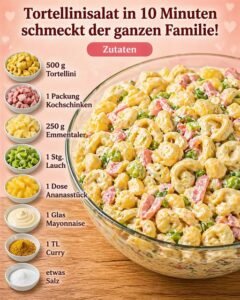 Read more about the article Tortellini Salat in 10 Minuten mit 1 Packung Kochschinken!