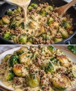 Mehr über den Artikel erfahren Rosenkohl Hackfleisch Pfanne in Sahnesauce