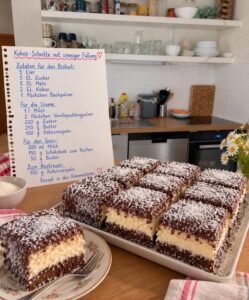 Mehr über den Artikel erfahren Kokos Schnitten mit cremiger Füllung 🥥🍫